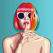 vector beautiful woman wearing colorful wig and white sunglasses
