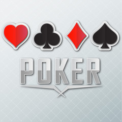 Sticker - The sign for poker and casino. The four suits of the deck of cards with realistic shadows on a light background with a neat pattern.