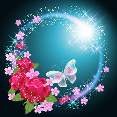 Wall Mural - Butterflies and roses with firework and  stars
