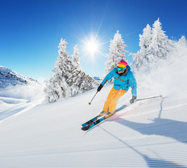 Poster - Skier on piste running downhill