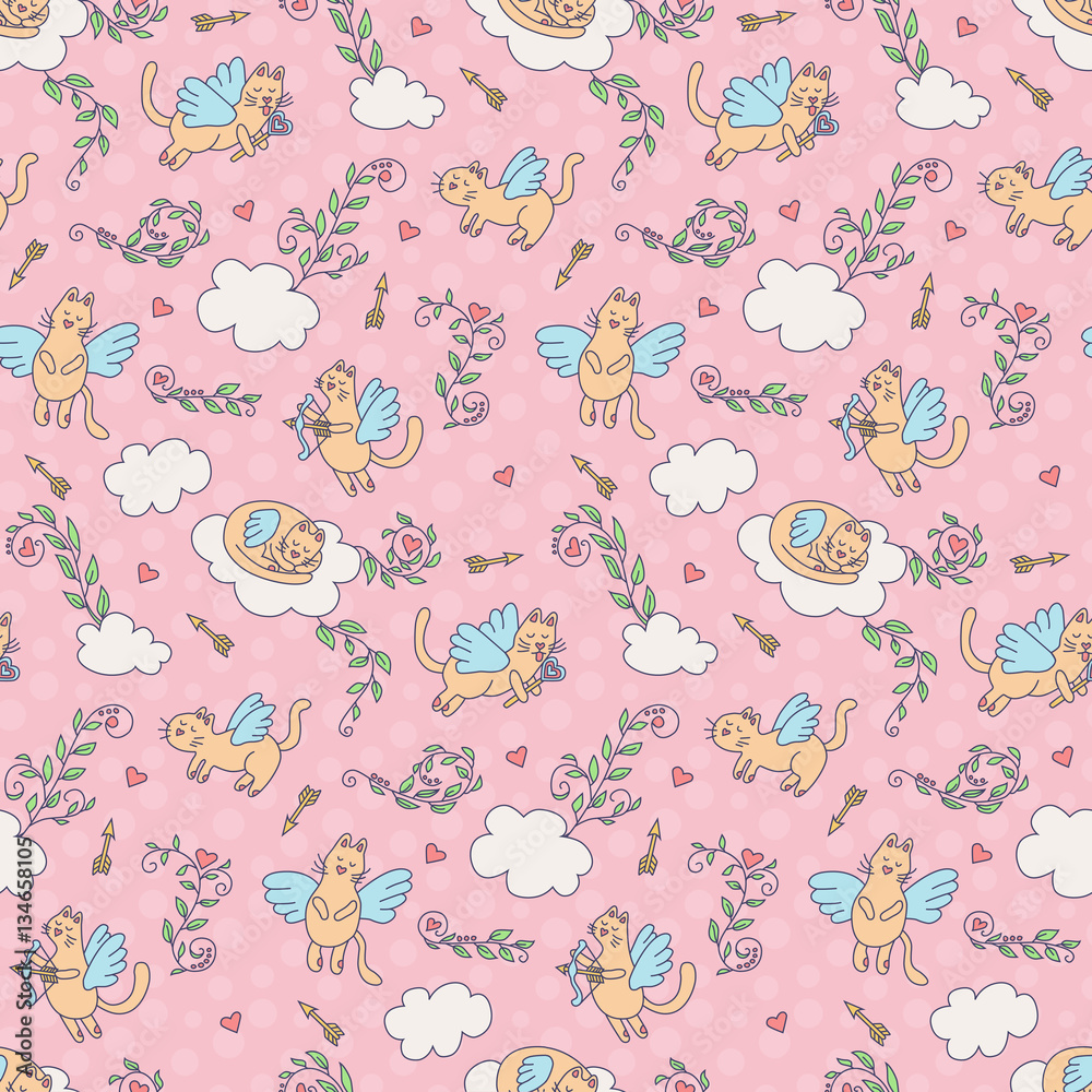 Flying cats. Seamless pattern in cartoon style. Colorful. Pink Stock ...