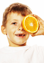 little cute boy with orange fruit double isolated on white smili