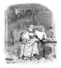 The Reading Lesson, Vintage Engraving.
