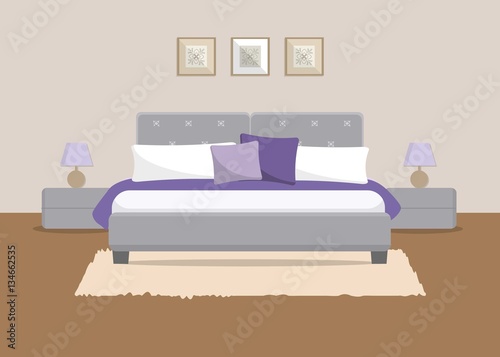 Bedroom In A Beige Color There Is A Bed With Violet And