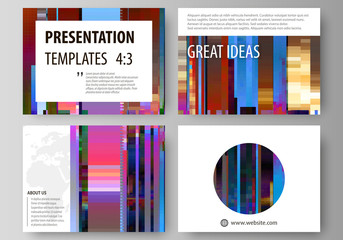 Business templates for presentation slides. Abstract layouts in vector design. Glitched background made of colorful pixel mosaic. Digital decay, signal error, television fail. Trendy glitch backdrop.