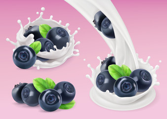 Milk splash and Blueberry. 3d vector object. Natural dairy products