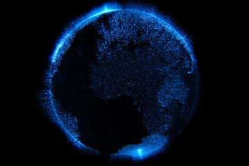 3d illustration of blue particles sparkle glitter with shape of detailed virtual planet earth world 