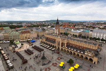 Main market square in Krakow, Poland. Birds flight view.