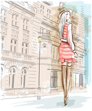 Hand Drawn Fashion Woman On A Street Background. Stylish Girl In A Hat. Sketch Set. Vector Illustration.