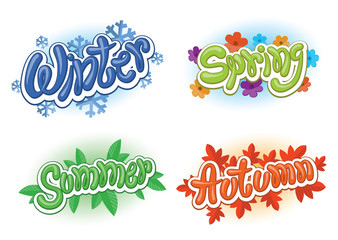 Wall Mural - Vector set of images of inscriptions seasons: blue-winter with snowflakes; green-spring with flowers, green-summer with leaves and orange-autumn with red fall leaves on a white background.
