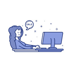 Fototapete - Vector illustration of blue icon in flat line style. Linear cute and happy woman with laptop. Graphic design concept of online shopping and sale. Outline isolated object.