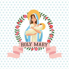 Holy mary woman girl baby jesus cartoon religion saint icon. Pastel colored floral seal stamp with ribbon illustration. Pointed background. Vector graphic