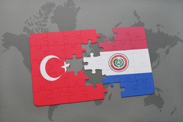 puzzle with the national flag of turkey and paraguay on a world map