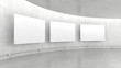 Empty modern exhibition gallery interior and hanging white canvas with light from ceiling. 3D rendering.
