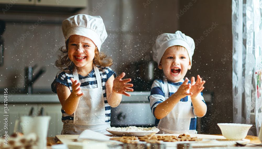 happy family funny kids bake cookies in kitchen - obrazy, fototapety, plakaty 