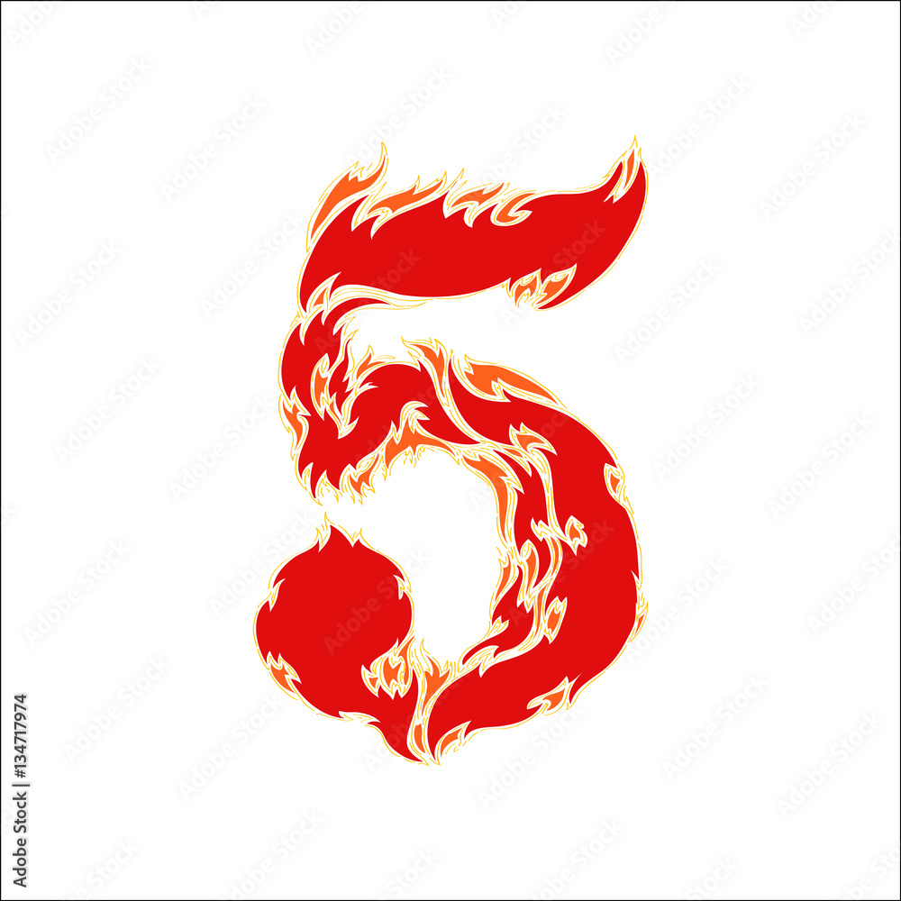fiery font red number 5 on white background