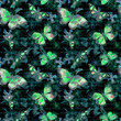 © zzorik - Flowers, glowing butterflies, hand written text note at black background. Watercolor. Seamless pattern