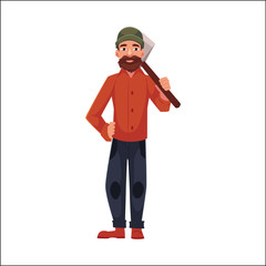 Lumberman, lumberjack, woodcutter standing and holding axe on his shoulder, cartoon vector illustration isolated on white background. Full length portrait of lumberman, lumberjack, woodcutter with axe