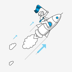 Wall Mural - Businessman flying on rocket. Modern illustration in linear style infographics.