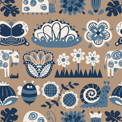 Poster - Floral seamless pattern with animals and insects.