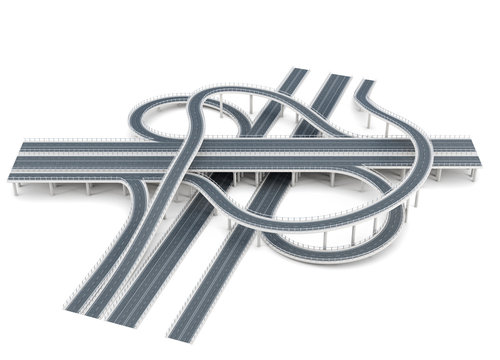 Road junction isolated on white background. 3d rendering