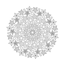 Graphic Mandala With Outline Stars. Zentangle Inspired Style.