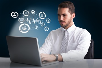 Poster - Composite image of cheerful businessman using laptop at desk 3d