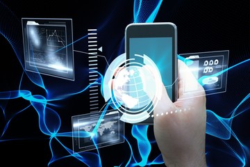 Poster - Composite image of hand holding smartphone 3d