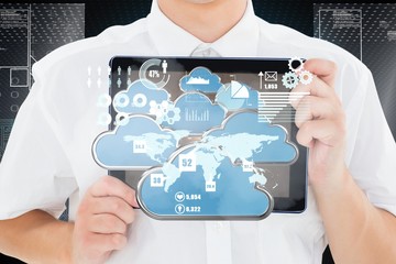 Poster - Composite image of geeky businessman showing his tablet pc