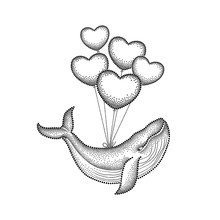 Vector Illustration Of Dotted Humpback Whale And Five Air Balloons Like Heart In Black Isolated On White. Romantic Design For Valentines Day. Concept With Whale In Trendy Dotwork Style For Tattoo.