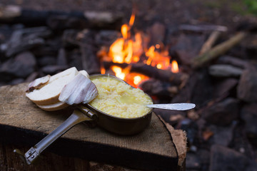 bacon and pasta. Dinner by the fire