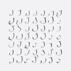 Fototapete - Vector set of calligraphic letters J, handwritten with pointed nib, decorated with flourishes and decorative elements. Isolated on grey black imperfect letters sequence. Various shapes collection.