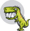 A happy, cartoon dinosaur with spots and a huge, toothy grin.