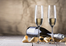 Two Champagne Glasses And Bottle,valentines Day