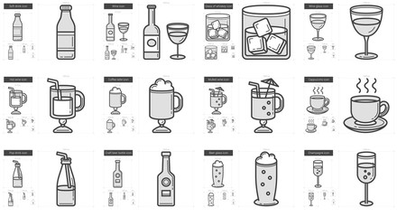 Sticker - Drinks line icon set.