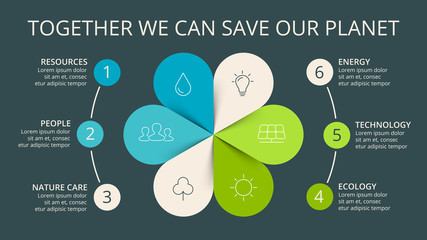 Vector circle arrows green leaves eco infographic. Ecology diagram, flower graph, presentation, chart. Organic nature concept with 6 options, parts, steps. 16x9 slide template.