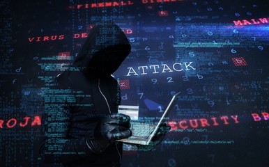 Poster - Composite image of hacker holding laptop and credir card