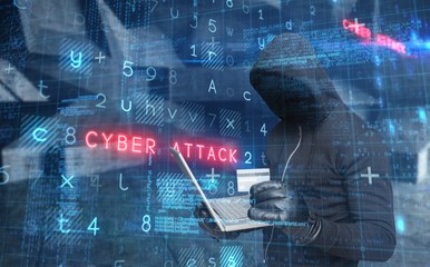 Poster - Composite image of hacker holding laptop and credir card