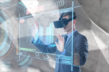 Poster - Composite image of businessman using virtual reality headset