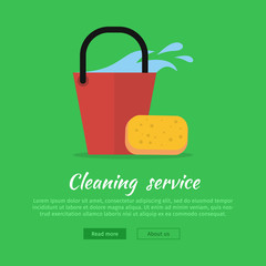 Wall Mural - Cleaning Web Banner. Bucket with Water and Sponge
