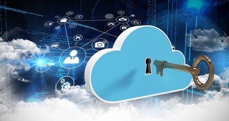 Poster - Composite image of various icons and clouds over codings 3d