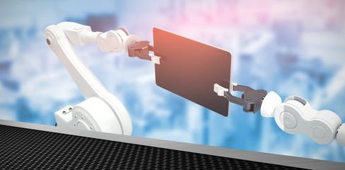 Poster - Composite image of digital generated image of robots holding com