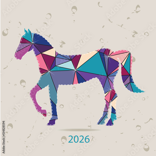 Poster Happy new year 2026 creative greeting card with Horse made of triangles