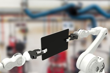 Poster - Composite image of digital generated image of robots holding com
