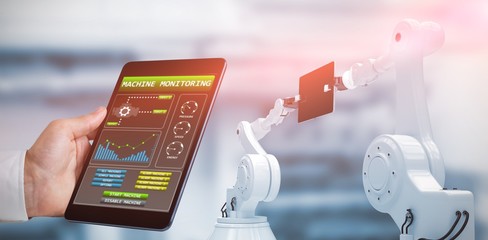 Poster - Composite image of man using tablet pc 3d