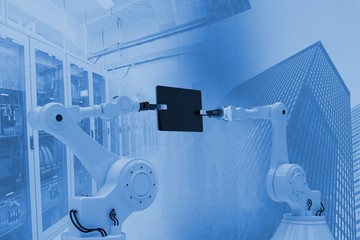 Poster - Composite image of composite image of robots holding computer ta