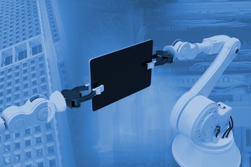 Poster - Composite image of digital generated image of robots holding com