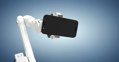 Poster - Composite image of graphic image of robot showing smart phone 3d
