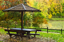 Picnic Table By The Lake Surrounded By The Forest In Autumn Colors, Belgrade, Serbia