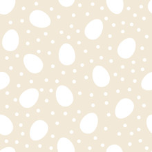 Seamless Pattern With White Easter Eggs And Polka Dots Or Confetti On Beige Background. Vector Illustration.